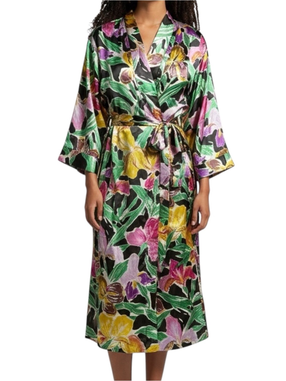 VINTAGE BETH MICHAELS Bright Floral Robe Satin Belted MEDIUM
